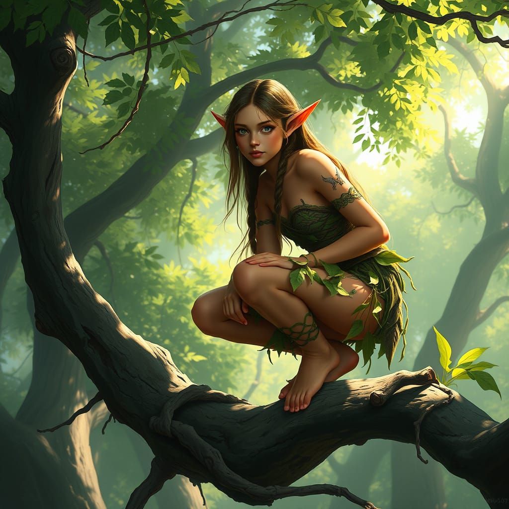 Elven Gatherer in Forest Canopy, Digital Painting