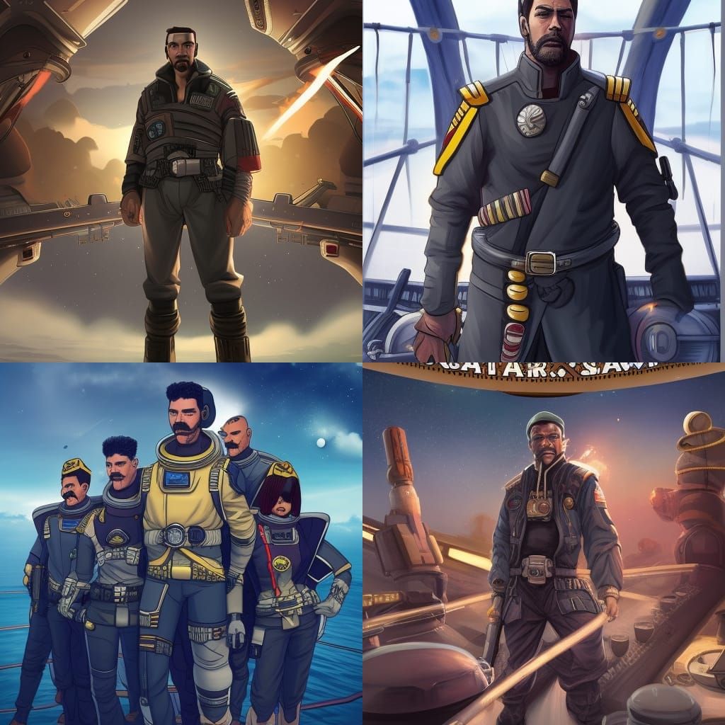 Charismatic Space Pirate Captain on Ship Bridge