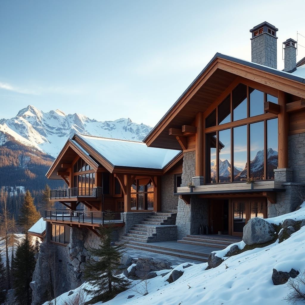 Modern Chalet on Mountain Slope in Wright Style