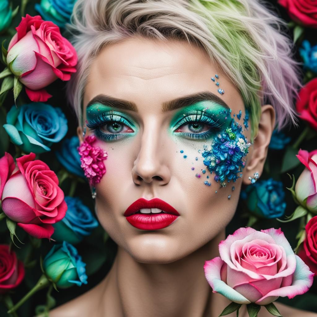 Top Model with Blue Lips and Rose Pattern Background