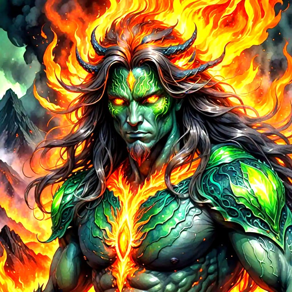 Fiery Fantasy Creature in Volcanic Wonderland: Watercolor