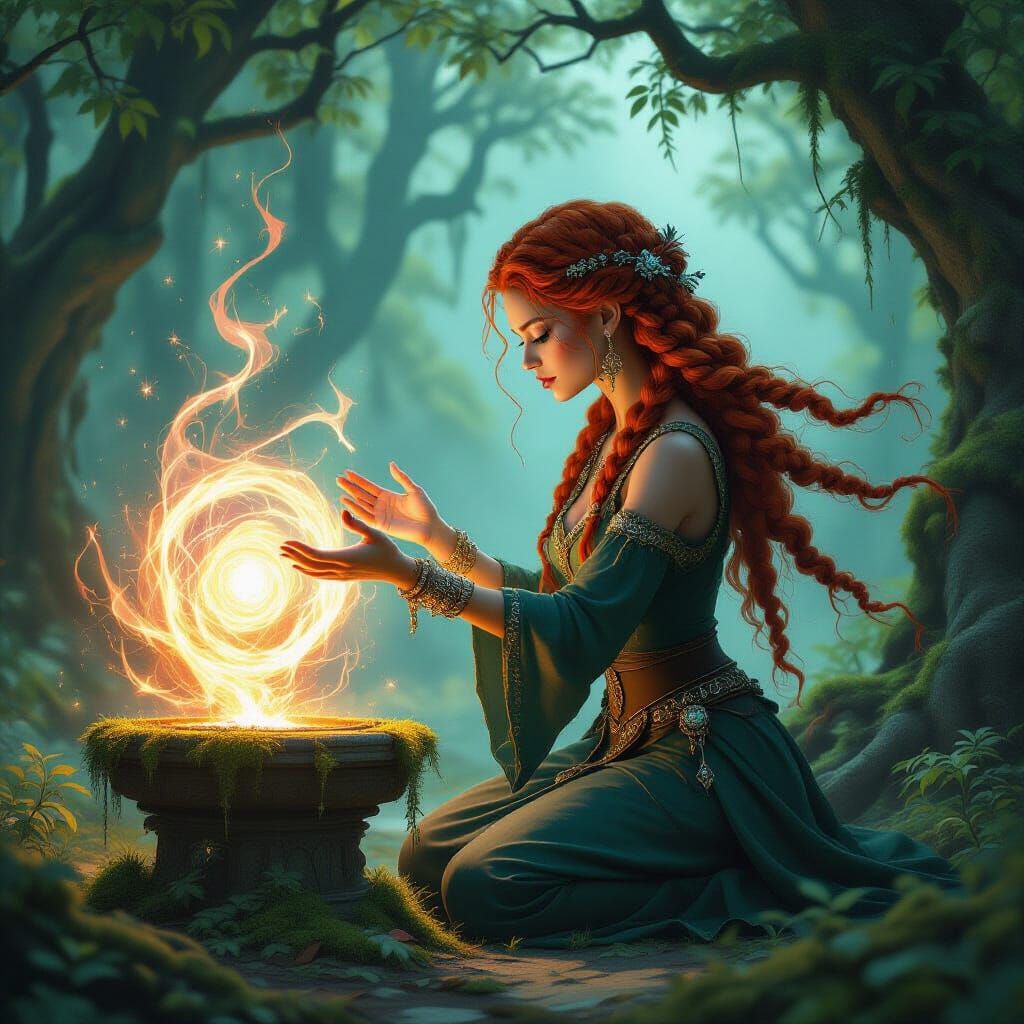 Sorceress Casting Spell in Hidden Grove, Dark Fantasy Art