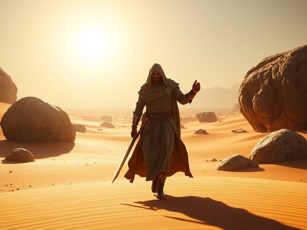 Lone Desert Warrior with Sword in Epic Cinematic Style