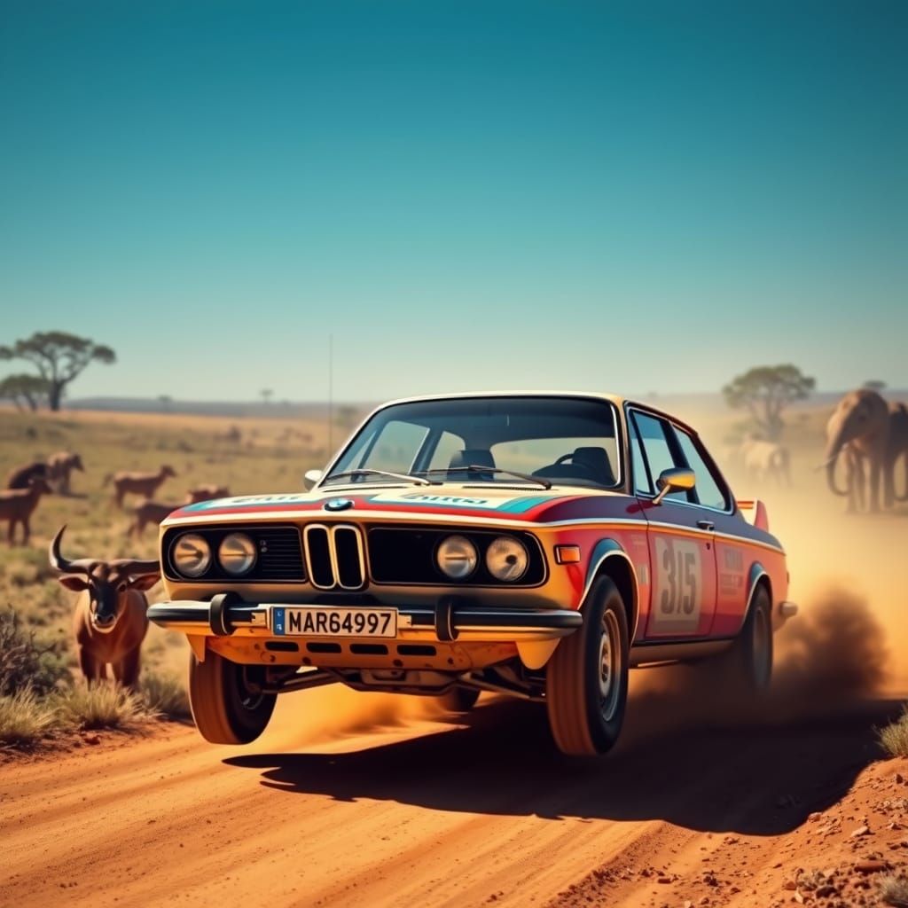 Rally Car Crashes Through African Savannah in Dusty, Sunny R...