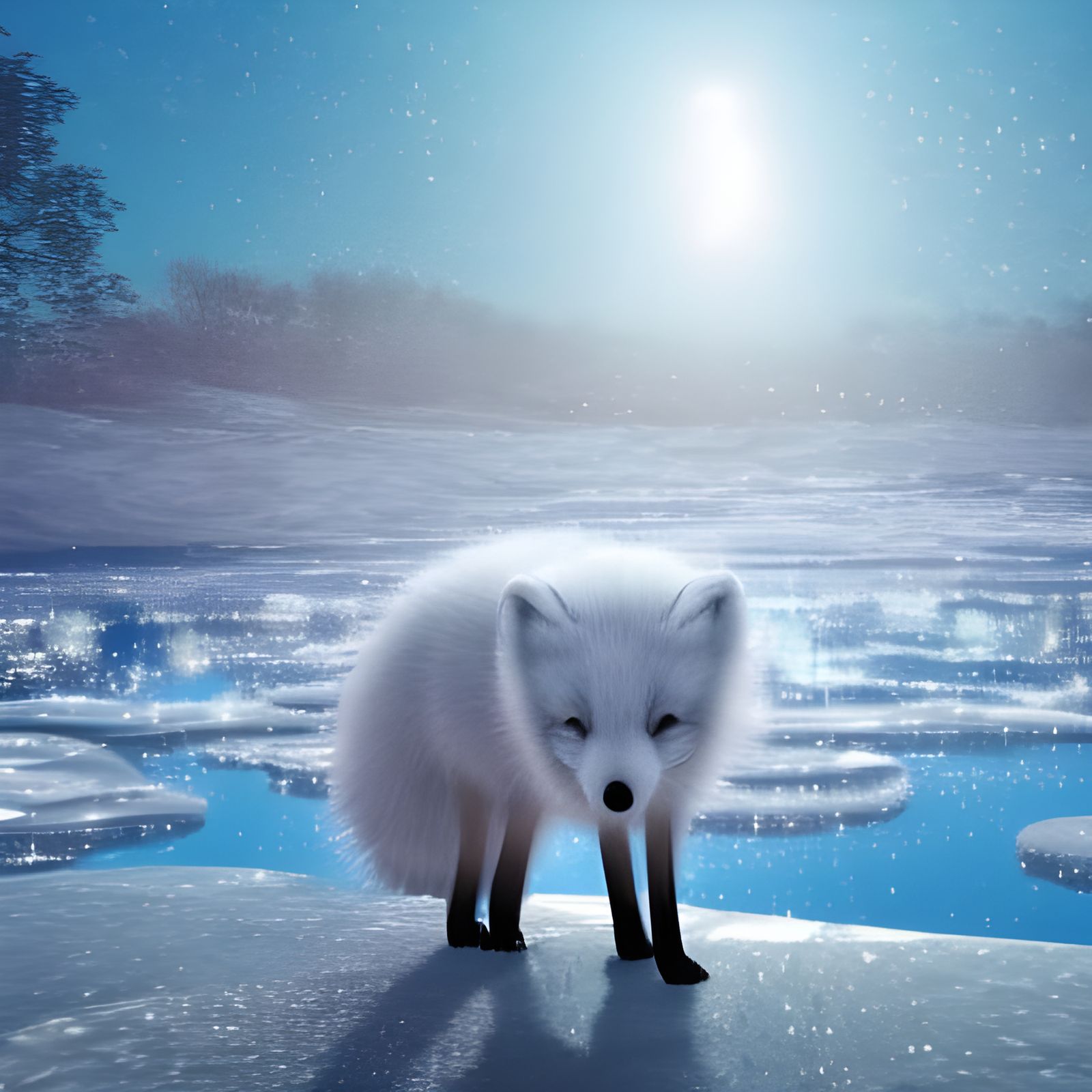 Cartoon Arctic Fox in Snowy Crystal Town