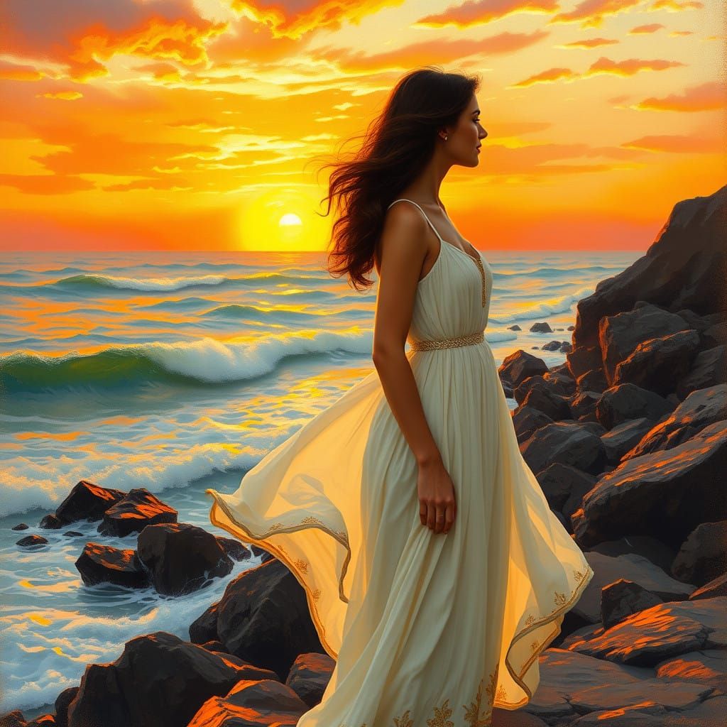 Woman Contemplating Sunset Seascapes in Vibrant Colors