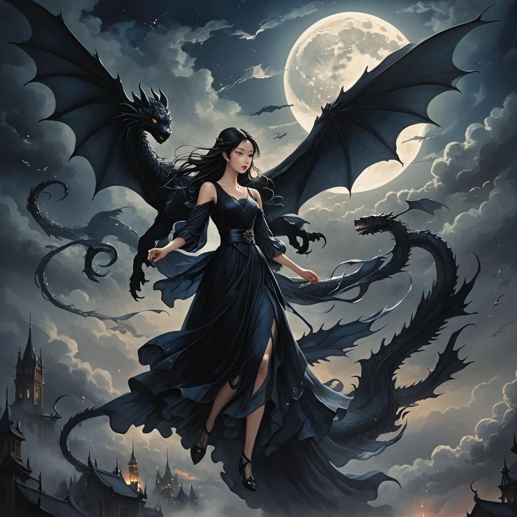 Girl Rides Dragon Cat in Misty Night Sky