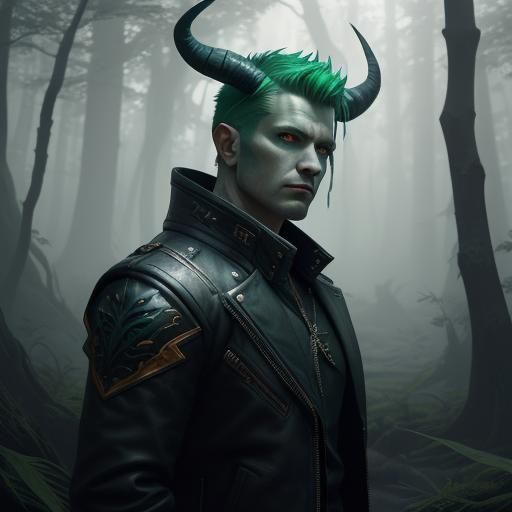 Mystical Forest Portrait: Green Horned Man, Fantasy Art