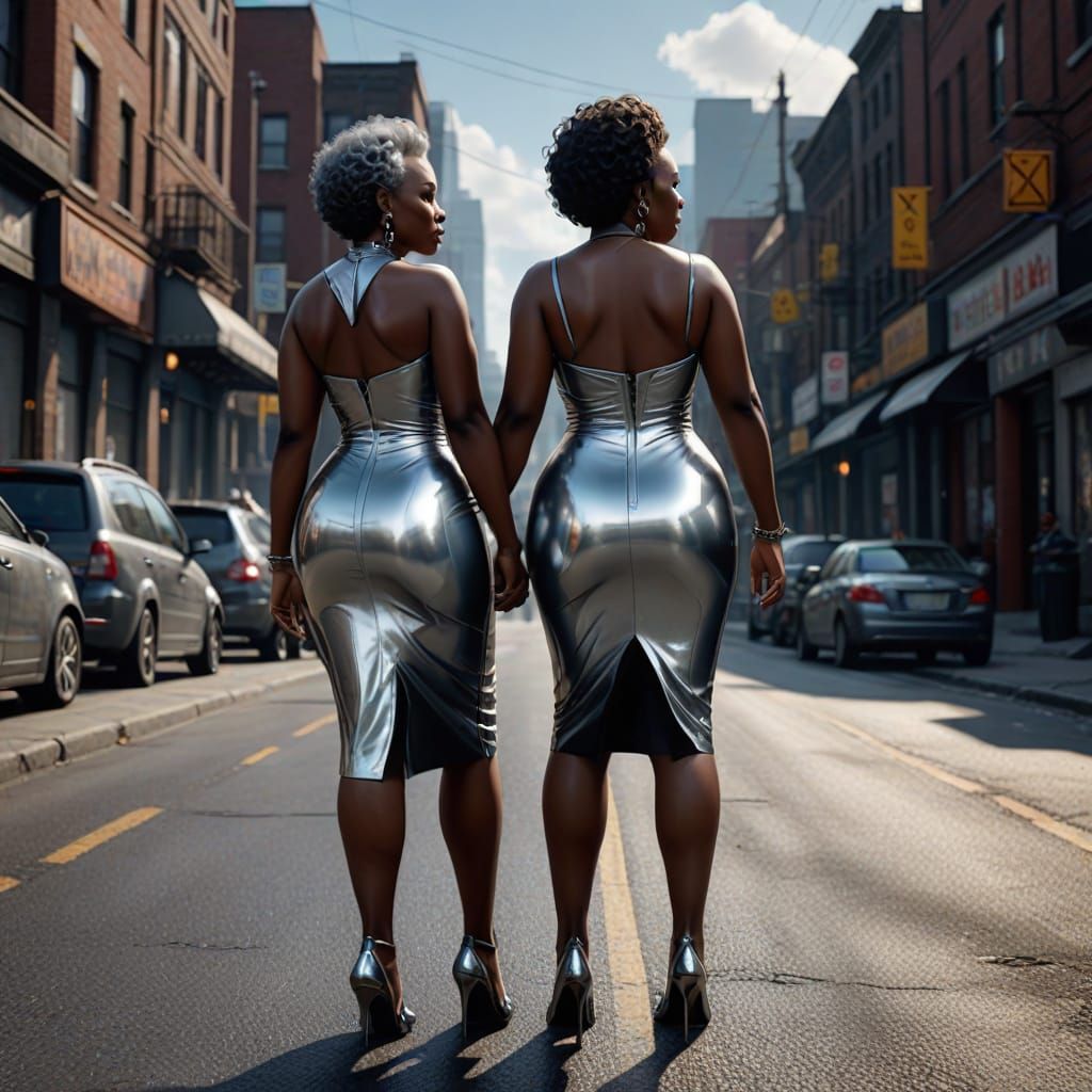 Mature Ebony Women in Silver Metallic Latex, Walking and Kis...
