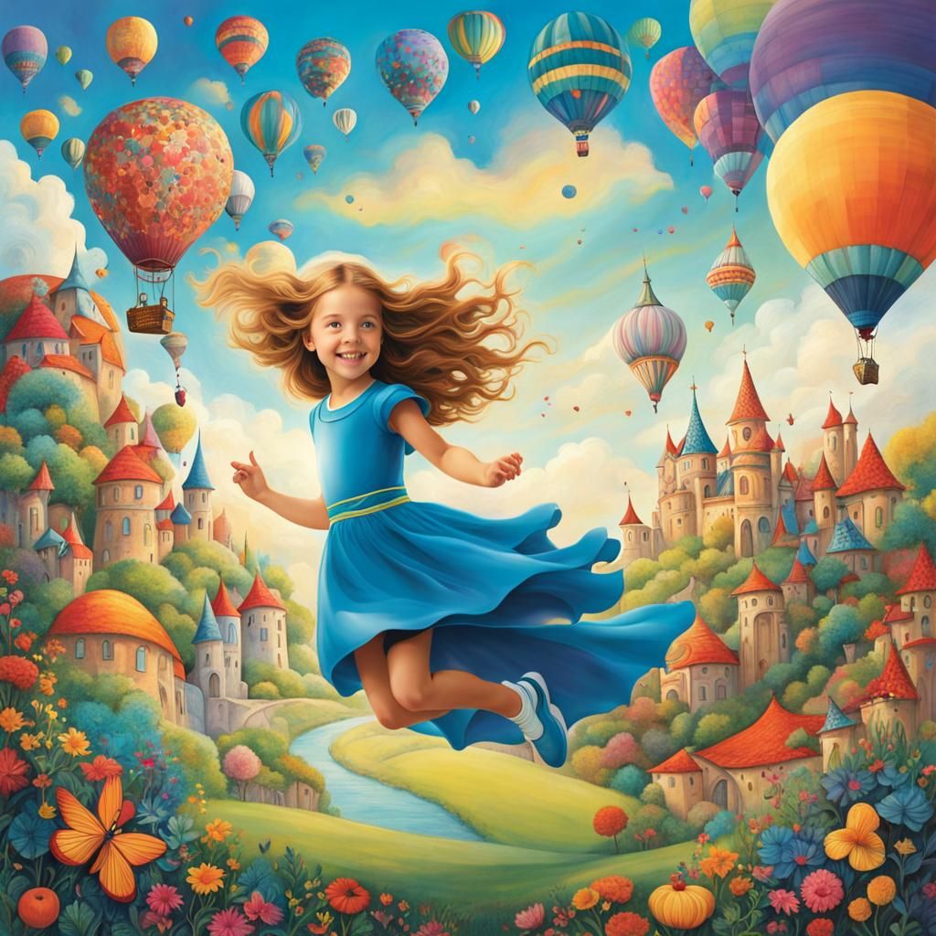 Enchanting Fairytale: Girl Running in Iridescent Landscape