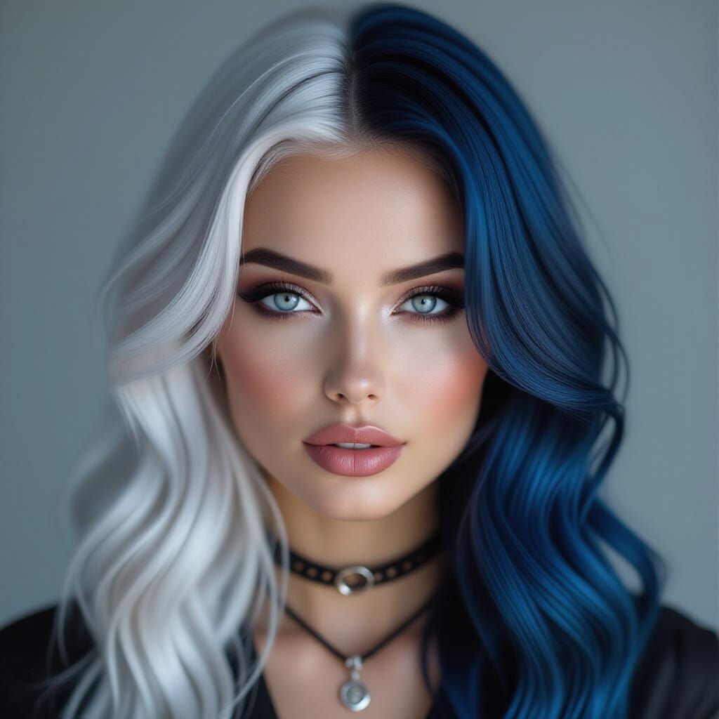 Goth Woman Portrait with Silver-White and Blue Hair