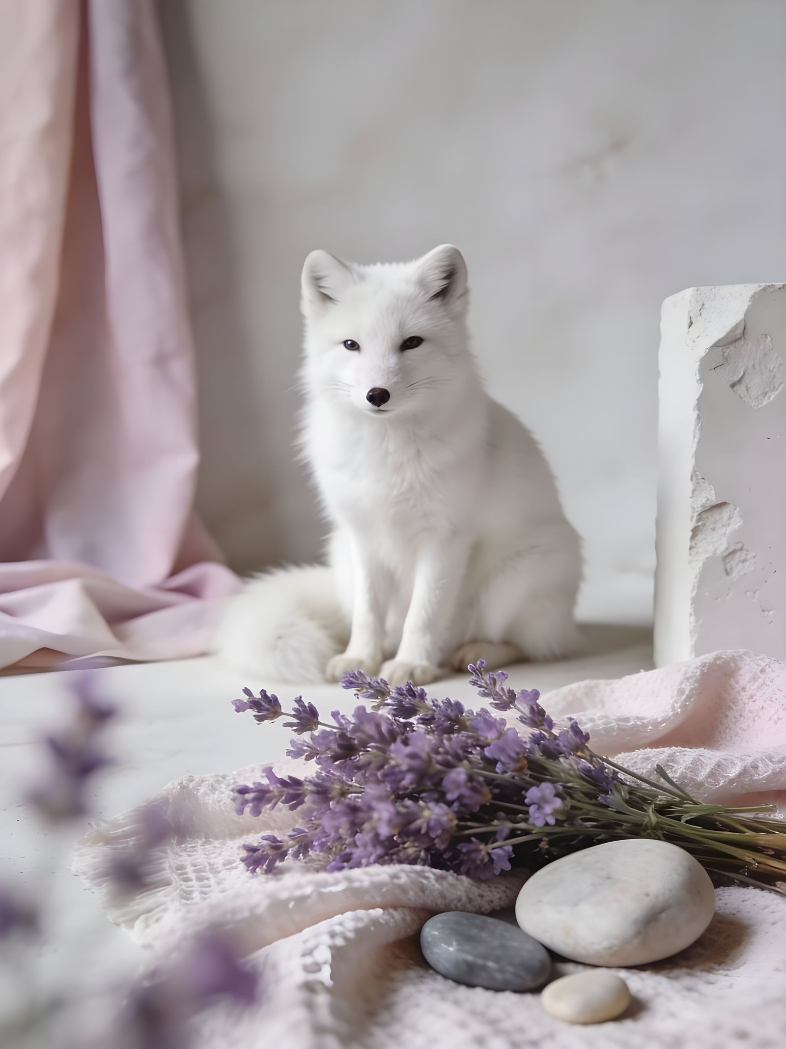 Elegant White Fox in Minimalist Pastel Scene