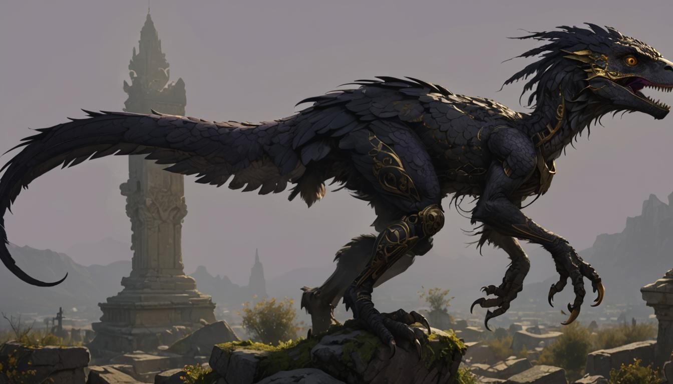 Golden-Eyed Raptor on Ancient Pedestal as Ornate Art