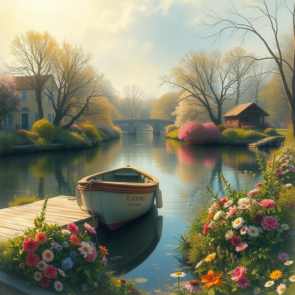 Dreamy Spring Scene in a Whimsical Artistic Style