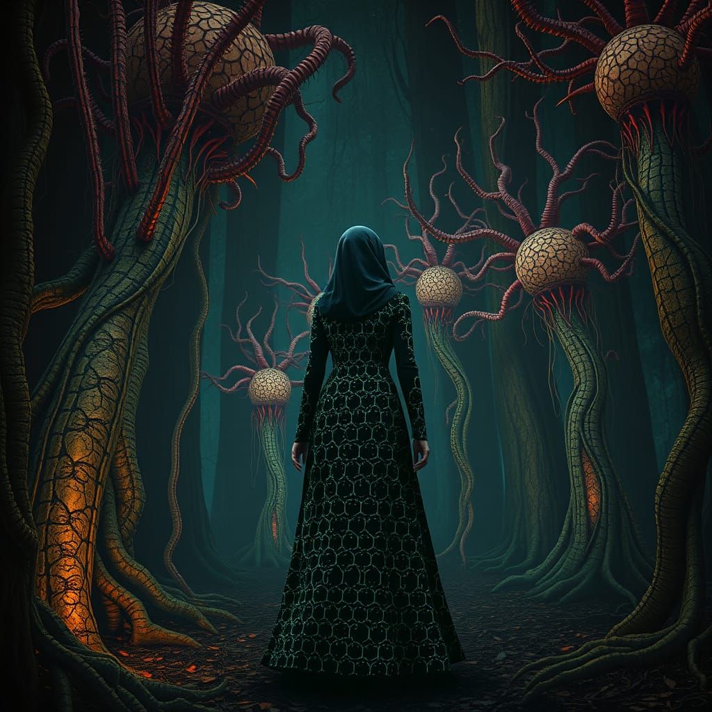 Biomechanical Surrealist in Neon Pointillism