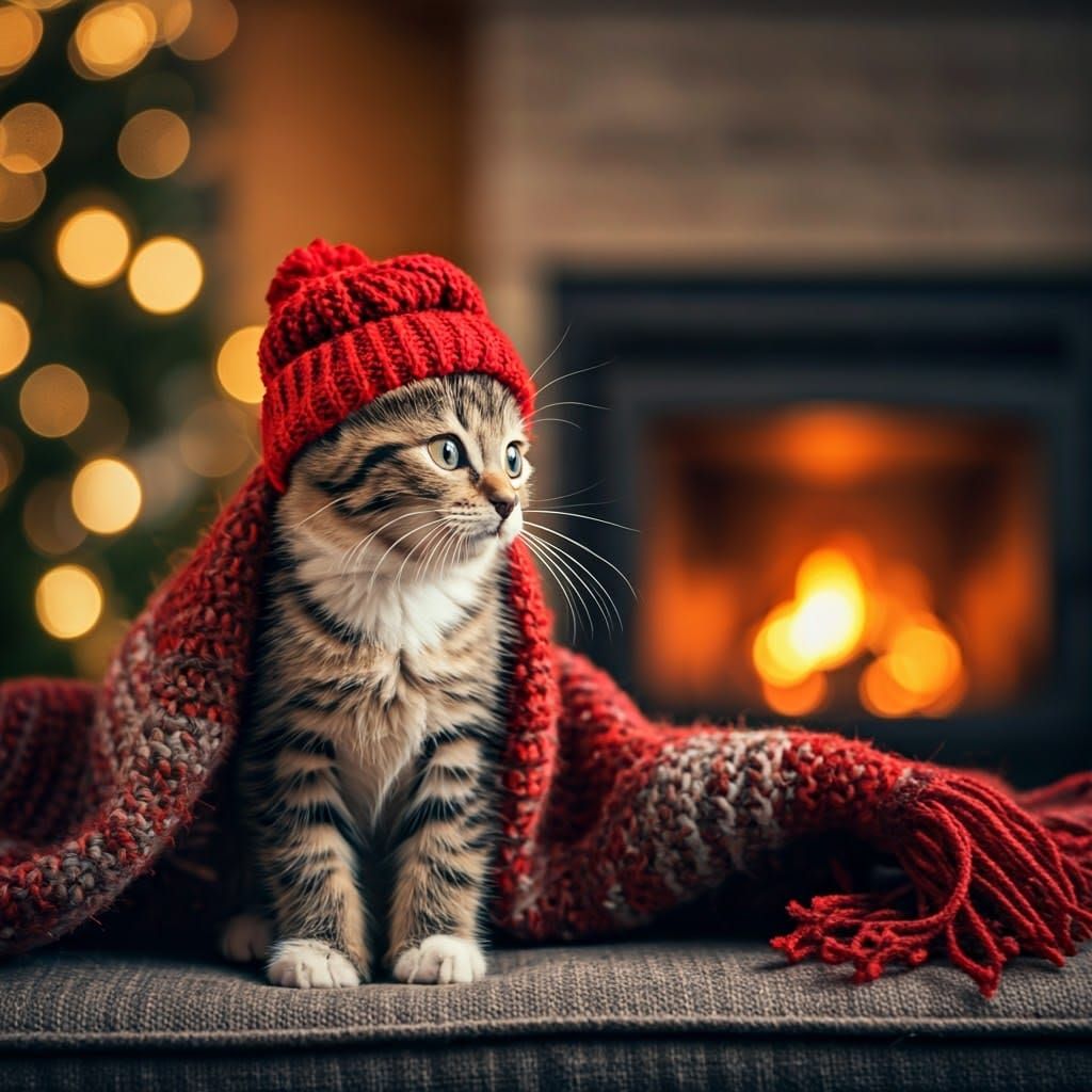 Kitten in Red Cap Gazing at Fireplace in Glass Jar Scene
