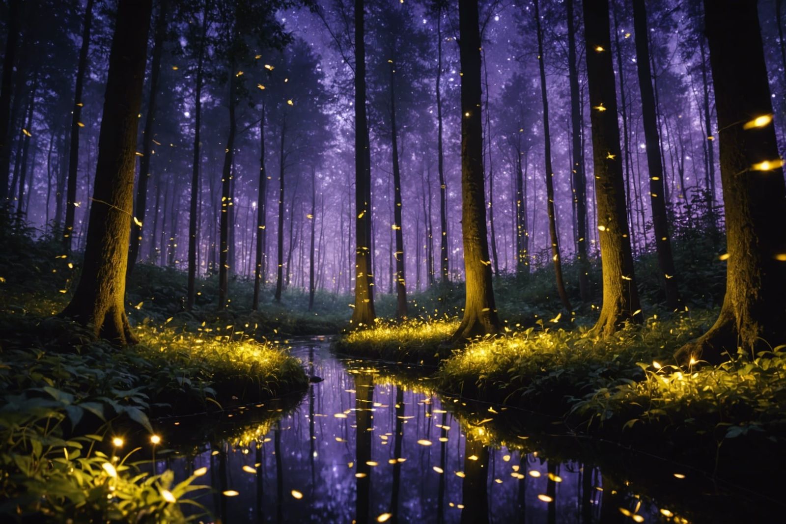 Enchanted Forest with Sparkling Fireflies at Night