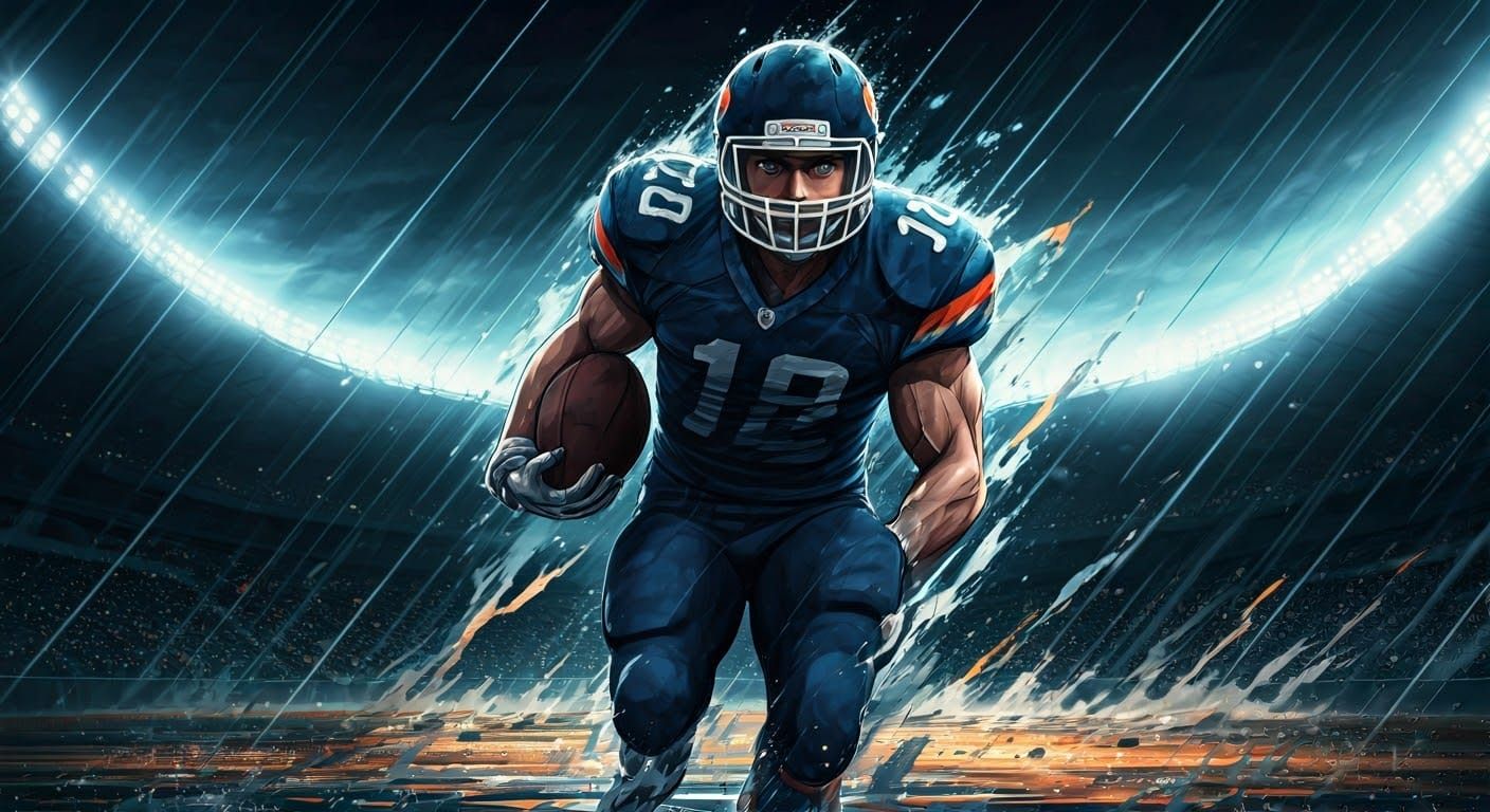 Brooding Football Player in Rainy Anime Style