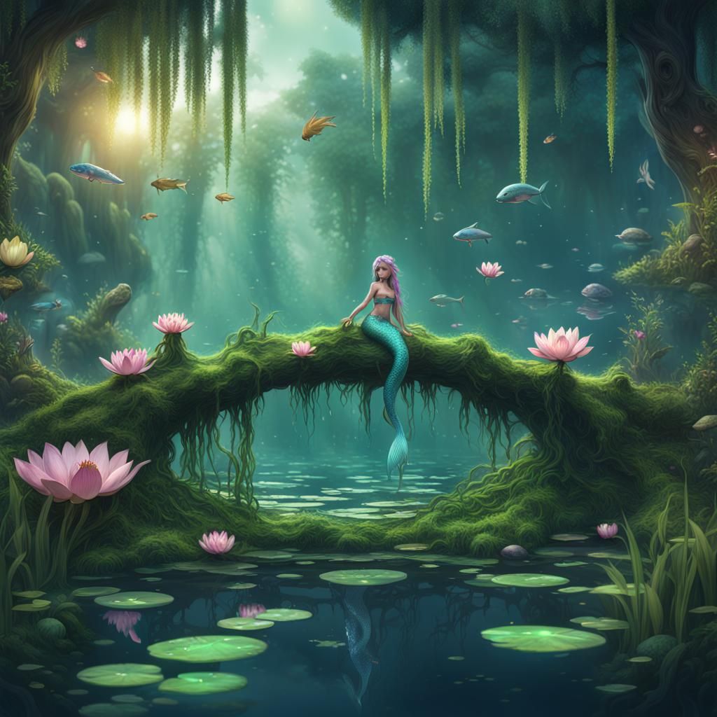 Hyperrealistic Chibi Mermaid in Forest Lake