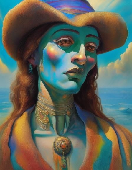 Figure Gazing at Sky in Surreal Iridescent Painting