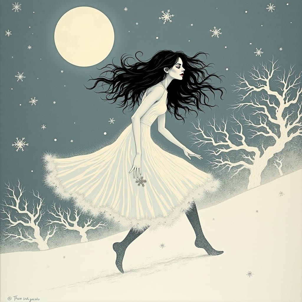 woodcut, linocut, relief print. A vampire glides gracefully through the snow, her porcelain skin shimmering against the ...