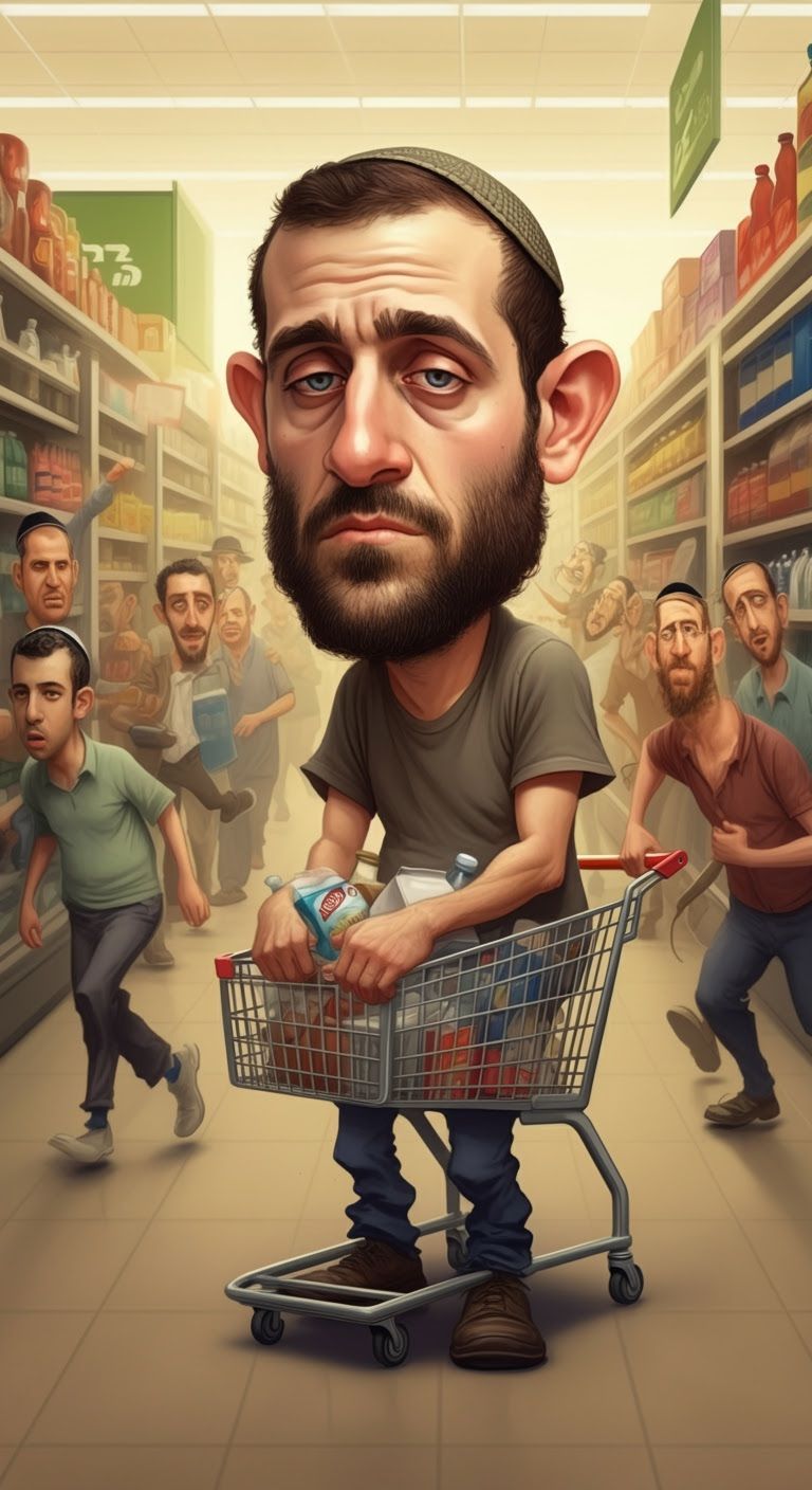 Tired Shopper in Chaotic Supermarket, Semi-Realistic Caricat...