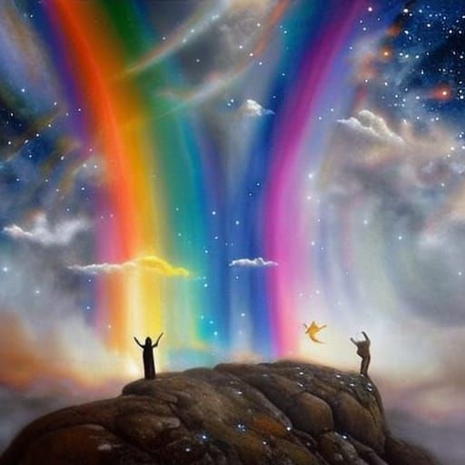 Rainbow and Starry Night Sky with Dancing People