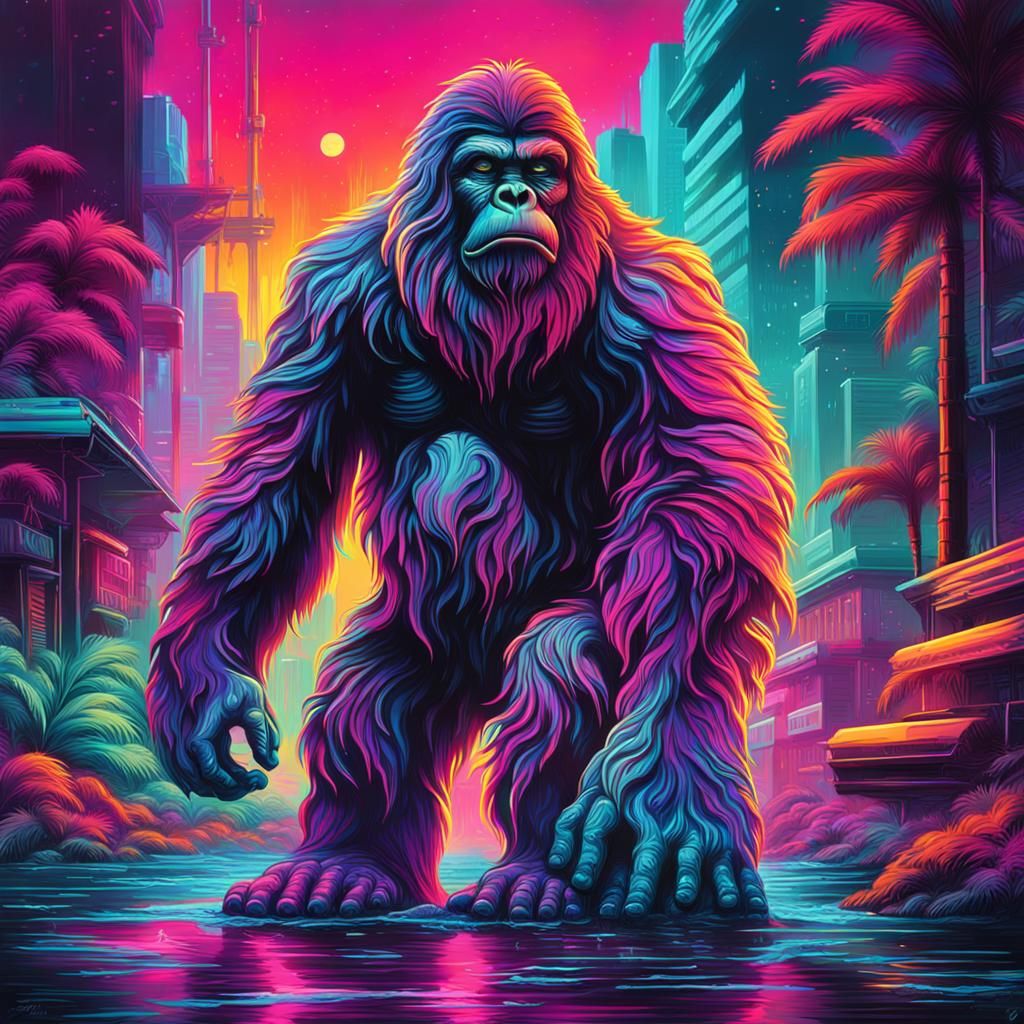 Iridescent Sasquatch in Synth Retrowave Graffiti Art