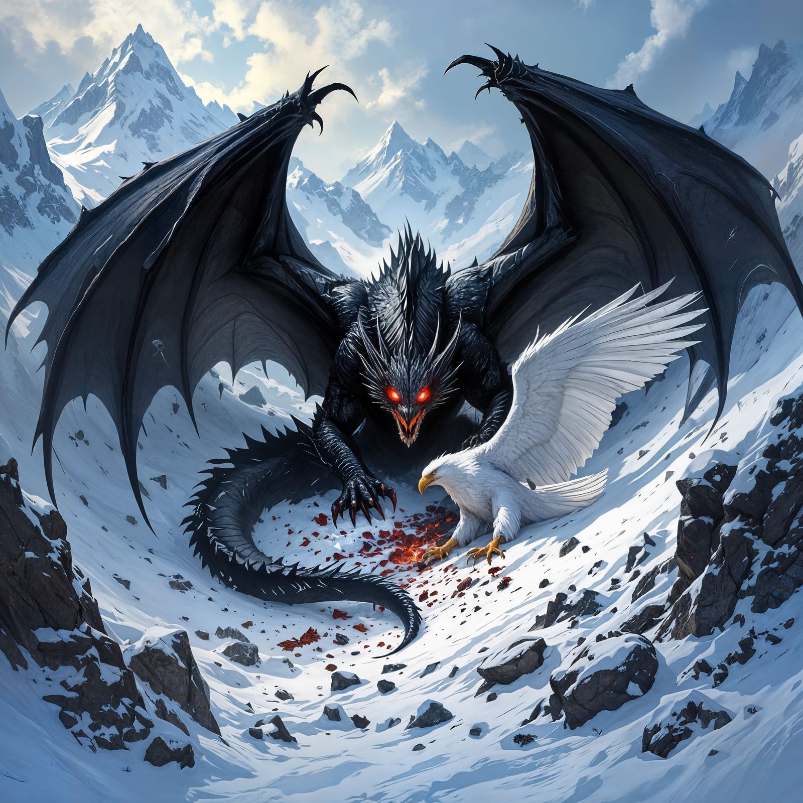 Giant Black Dragon Battles White Eagle on Snowy Mountain