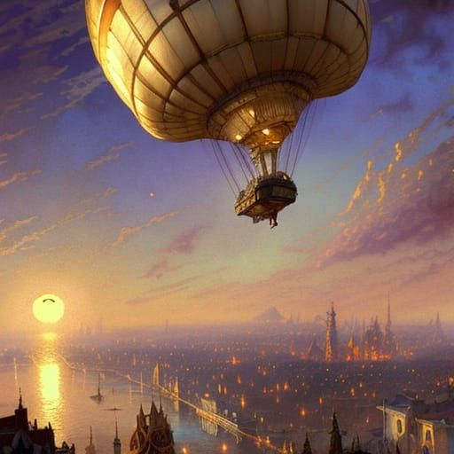 Airship Over City at Night: Cottagecore Art Nouveau