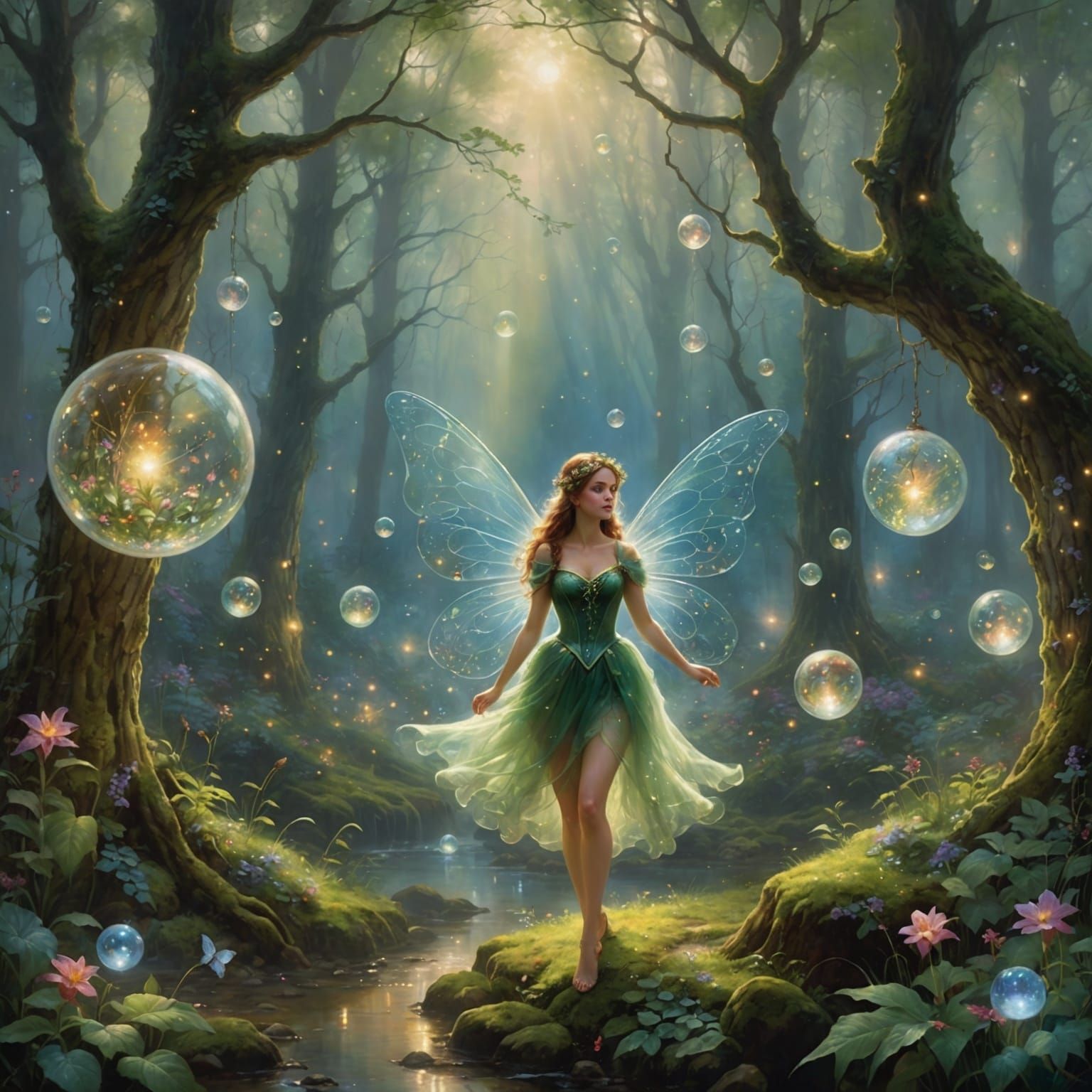 Ethereal Fairy in Mystical Forest with Orbs