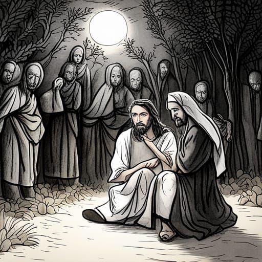 Judas' Betrayal: Ink Drawing in Gethsemane Garden