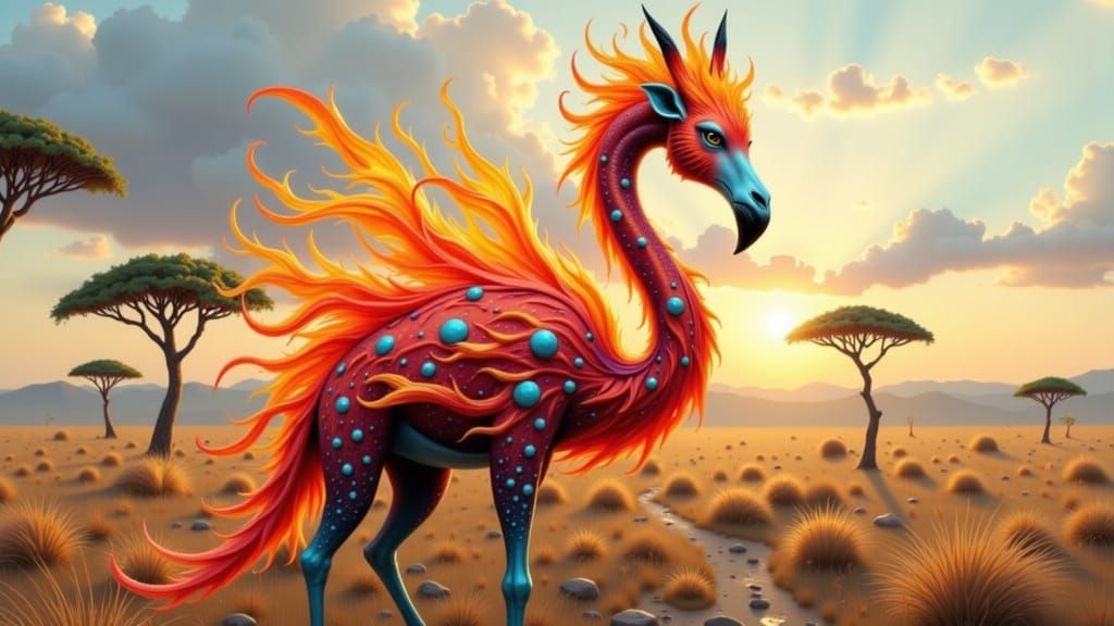 Fiery Flamingo-Giraffe Hybrid in Expressive Style