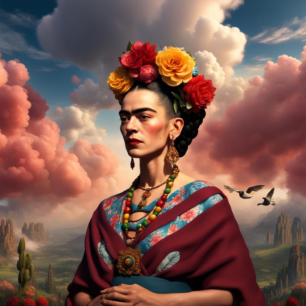 Frida Kahlo Surreal Sky Portrait: Detailed Matte Painting