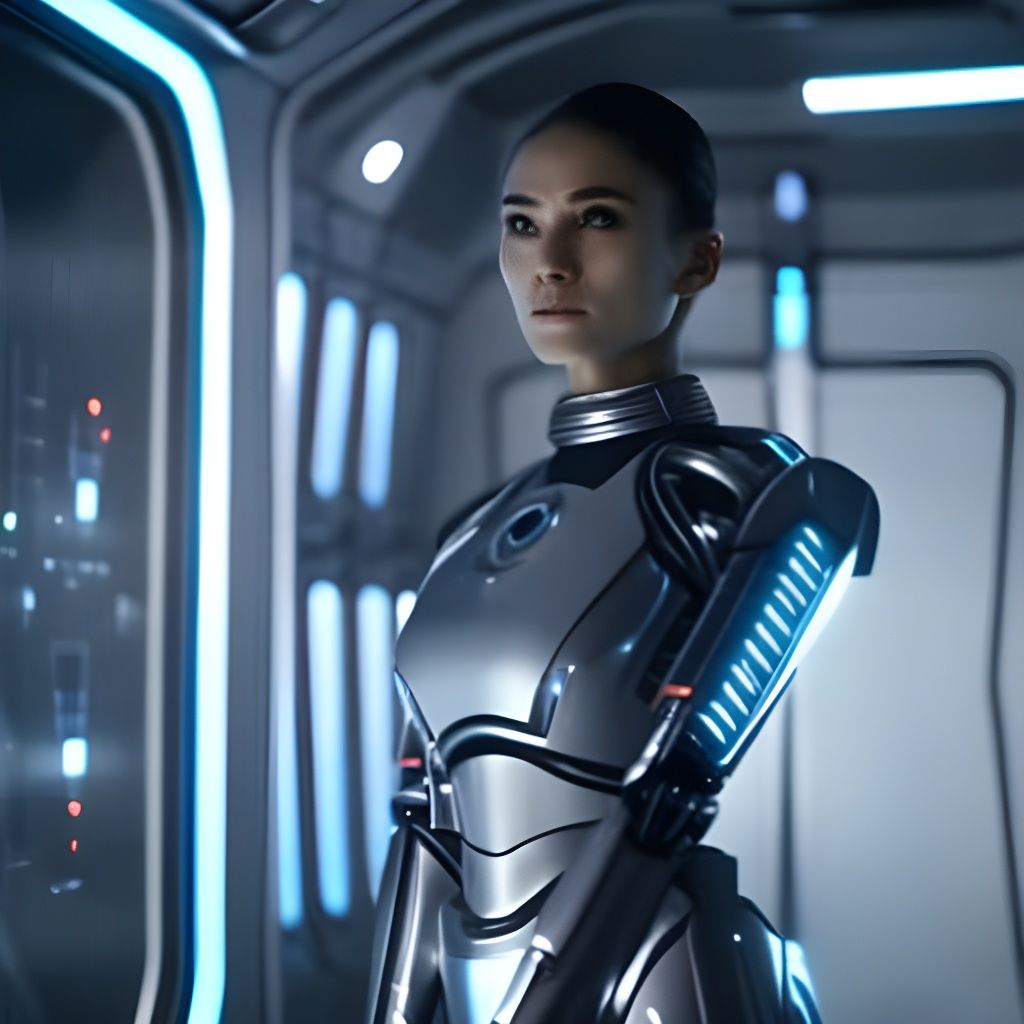 Robot Caretaker on Spaceship in Sci-Fi Cinematic Style