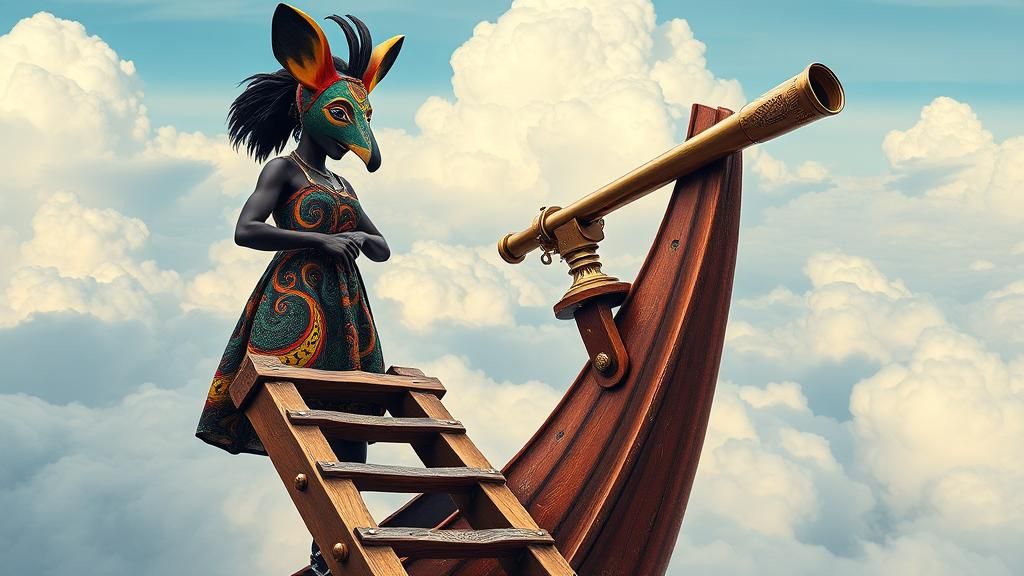 Surreal African Woman on Floating Boat in Clouds
