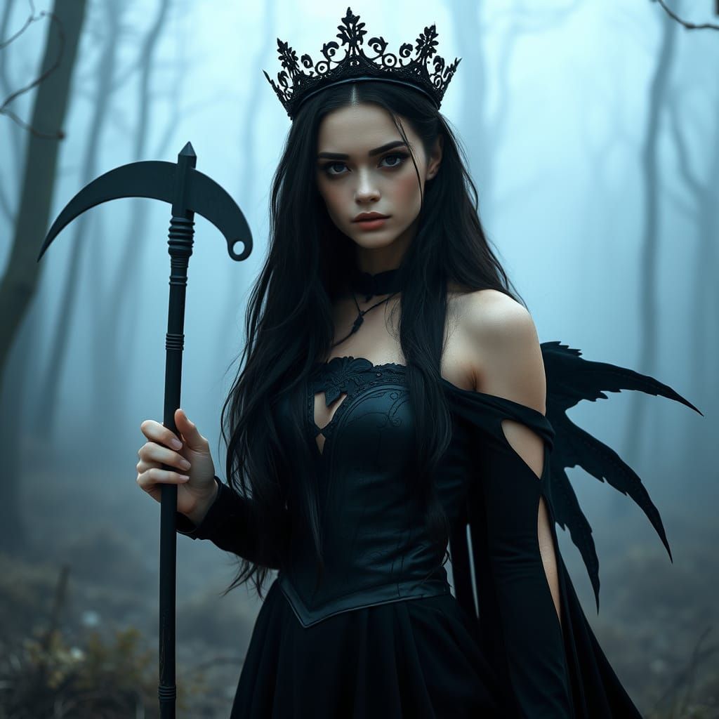 Mysterious Dark Fantasy Angel in Misty Forest