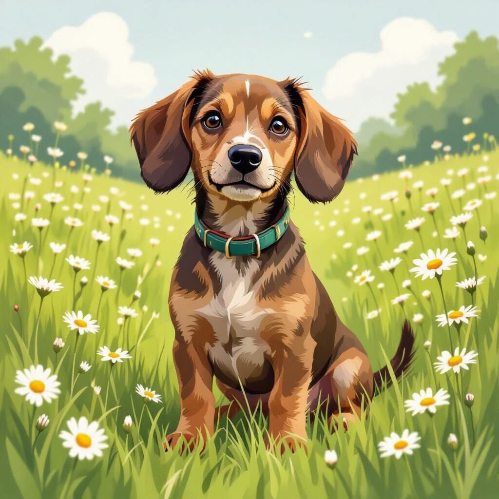 Playful Dachshund in Daisy Meadow, Whimsical Illustration
