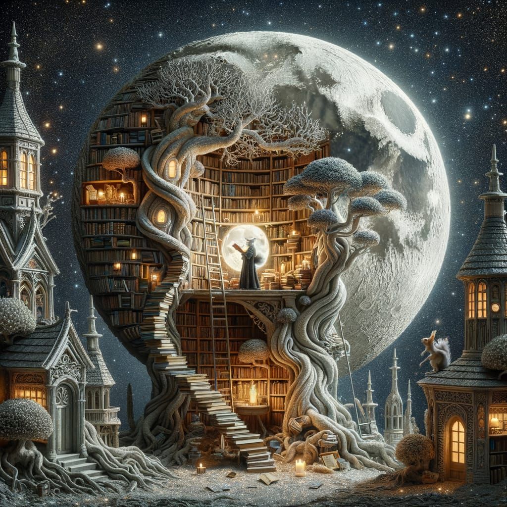 Enchanted Lunar Library in Victorian Whimsy