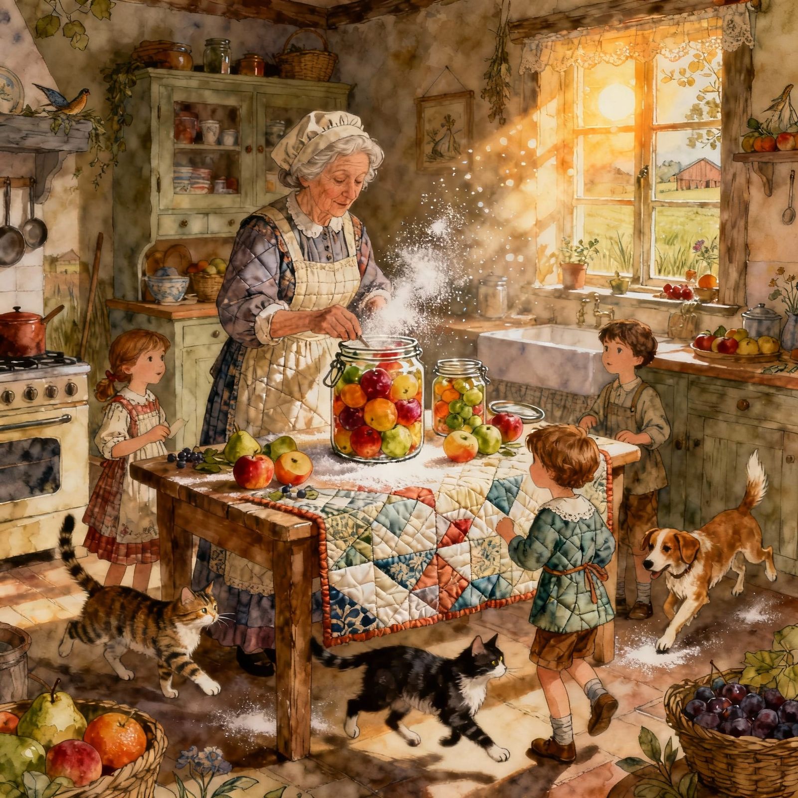 Whimsical Farm Kitchen Scene With Grandmother Canning Fruit