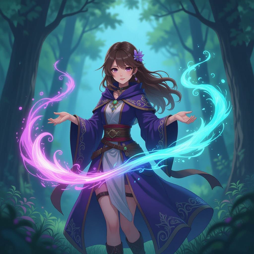 Anime Mage Witch in Forest Clearing with Ethereal Magic