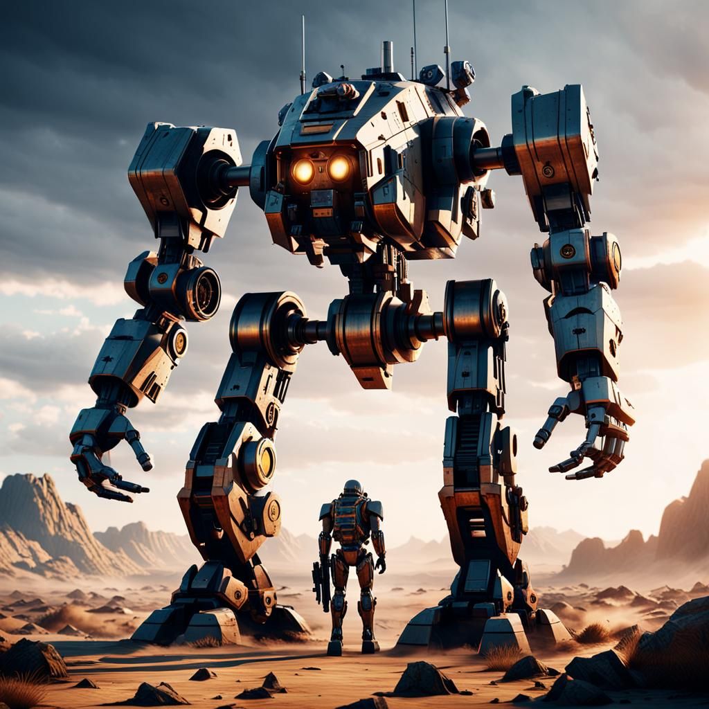Epic Futuristic Mech Stands Tall in Golden Hour Glow