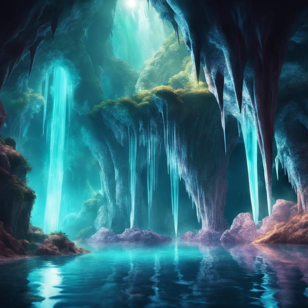 Glittering Cave with Lake and Waterfall