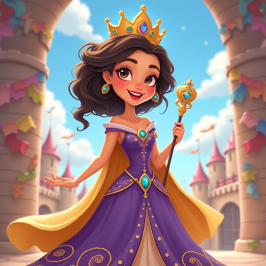 Regal Cartoon Queen in Golden Crown and Royal Gown
