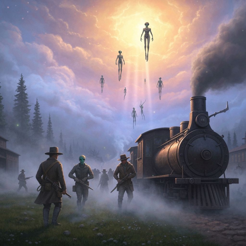Wild West Train Robbery with Aliens in Kinkade Style
