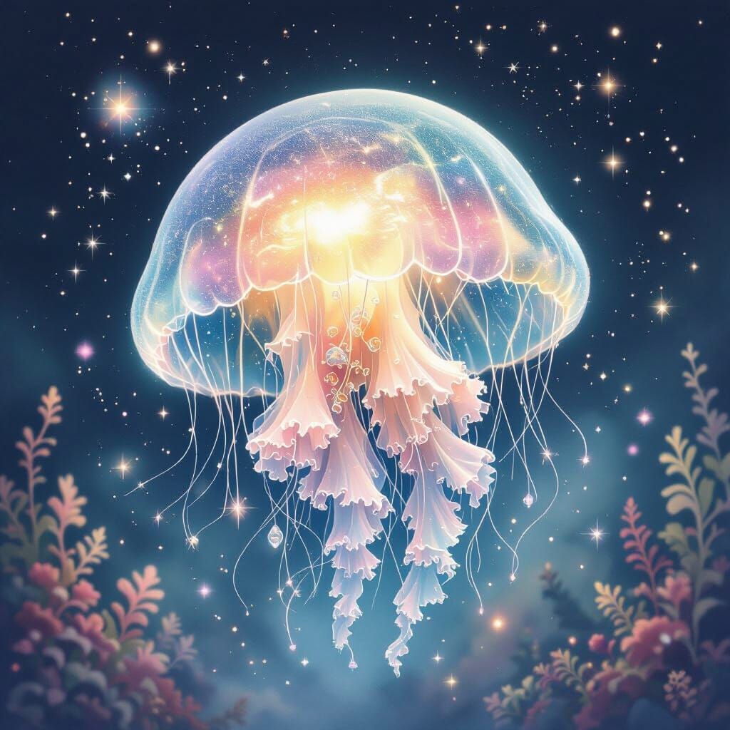 Bioluminescent Jellyfish in Space, Watercolor Style