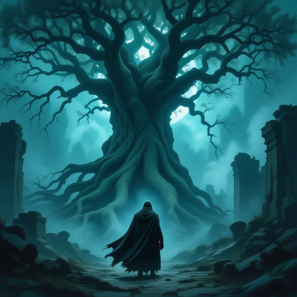 Ancient Tree and Ruined Forest Guardian in Dark Fantasy Art