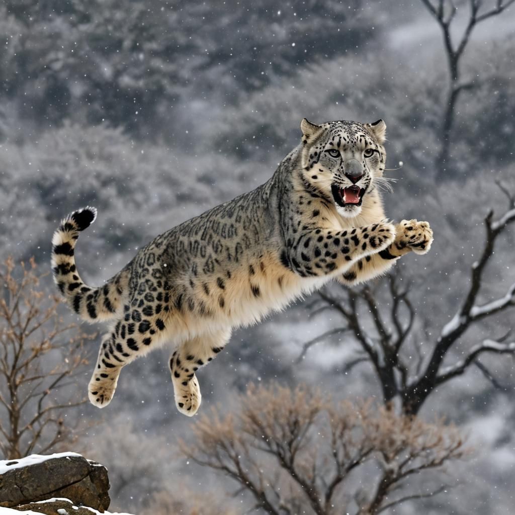 Snow leopard leaping to attack