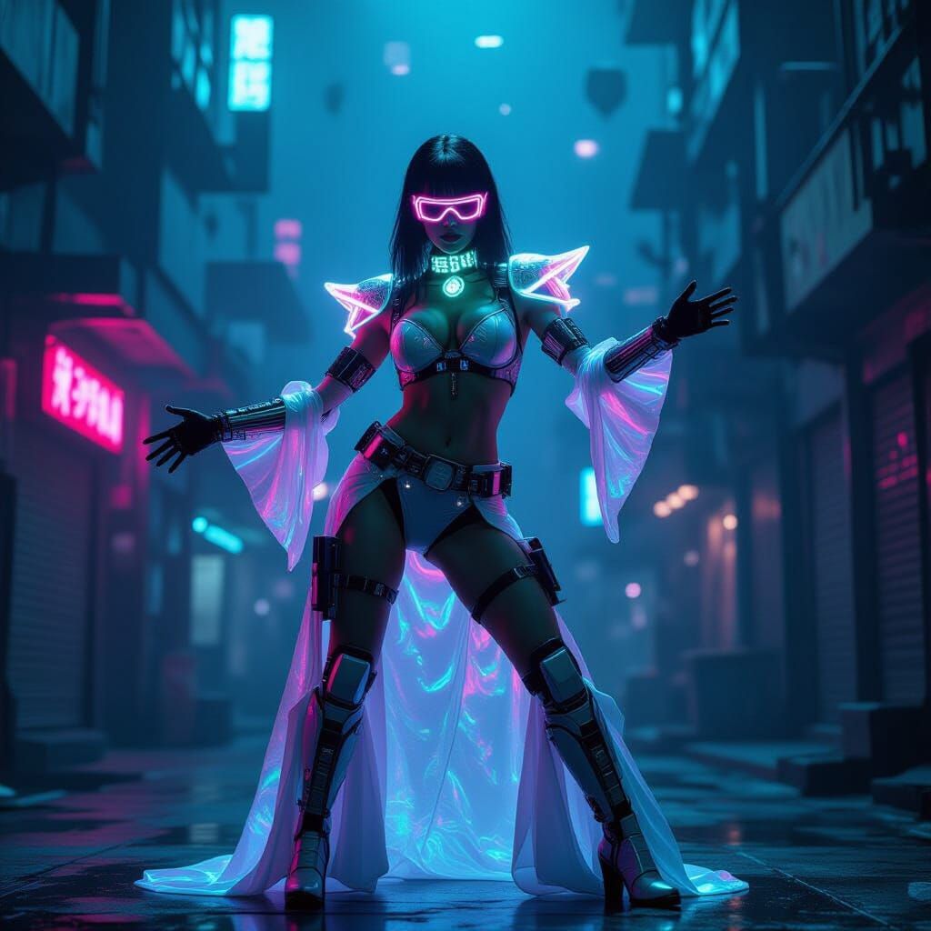 Cyberpunk Showgirl Performance in Neon Cityscape