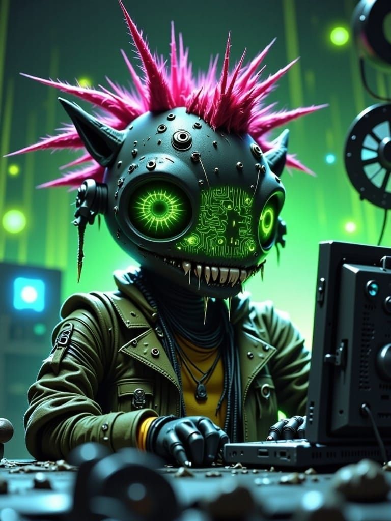 Cyberpunk Admiral Ackbar with Pink Mohawk on Desk